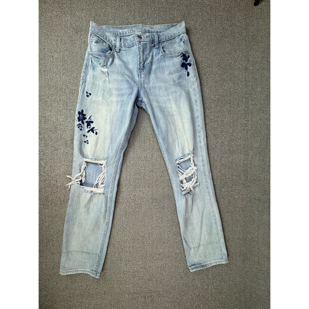 Old Navy Boyfriend Straight Jeans Light Wash Embroidered Distressed Size‎ 0